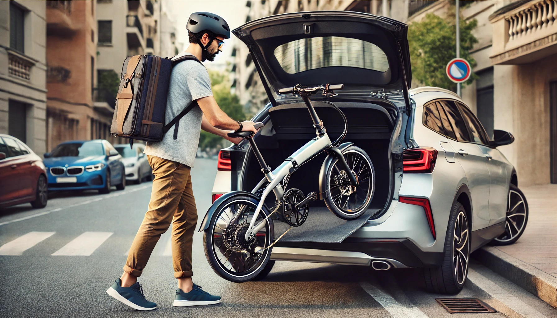 Unser Fahrer verladet das Klapprad in den Kofferraum